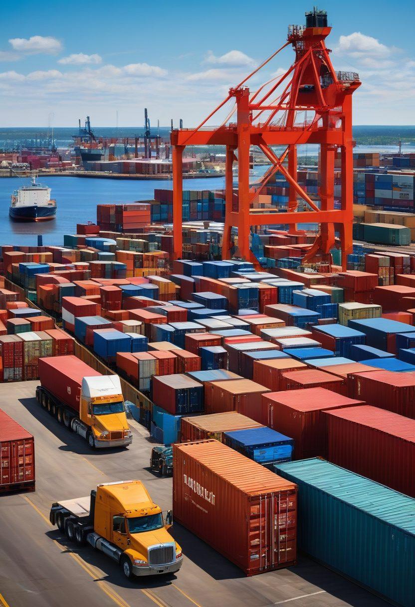 A bustling Duluth port scene depicting large freight ships being loaded with containers, surrounded by cranes and bustling activity. Include clear blue skies and the iconic Duluth skyline in the background. Add workers in safety gear collaborating efficiently, with colorful shipping containers to emphasize the logistics hub aspect. Capture the energy and importance of freight shipping. super-realistic. vibrant colors. dynamic composition.