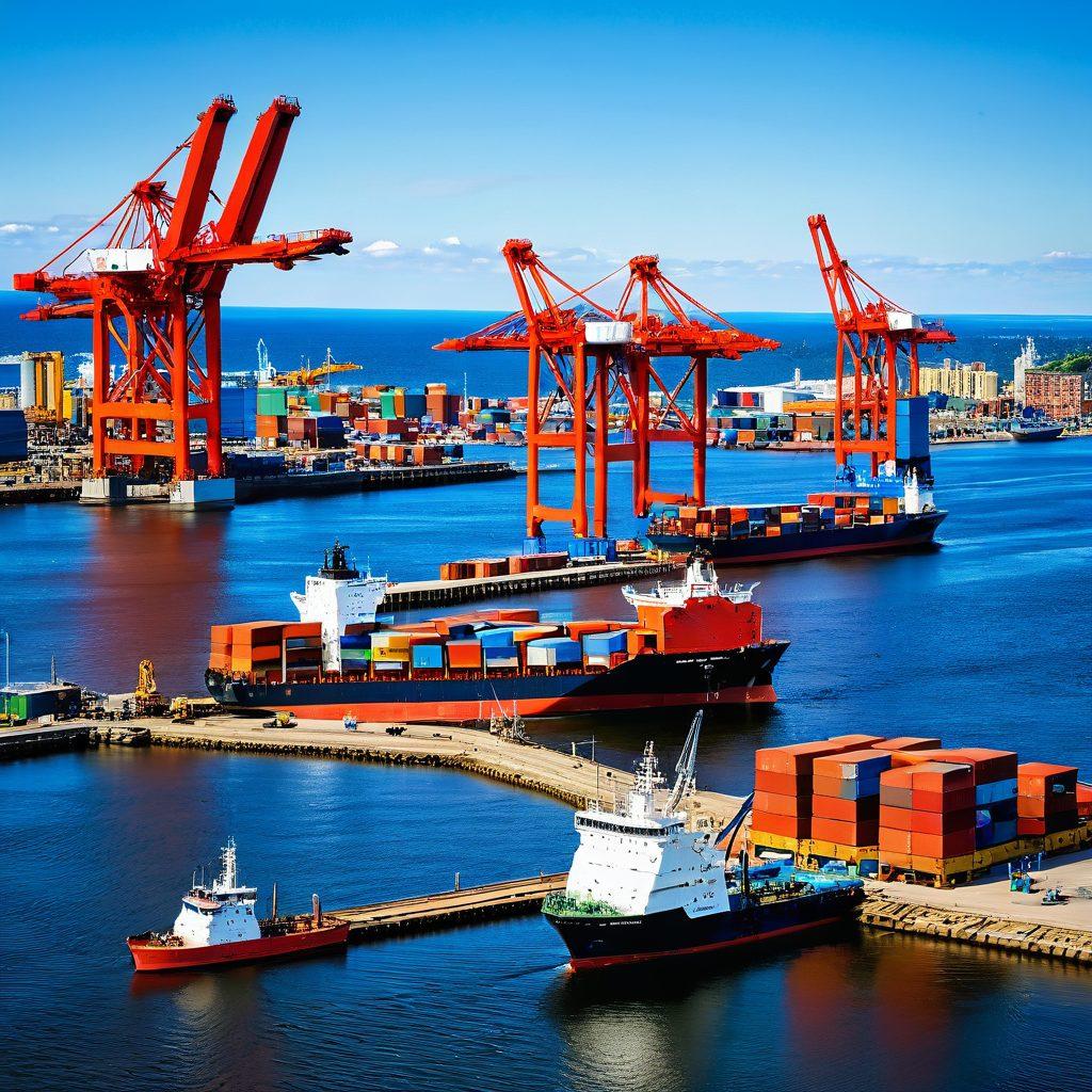 A bustling Duluth harbor scene showcasing large cargo ships being loaded and unloaded with containers, surrounded by vibrant lake waves. Include vivid shipping cranes, dock workers in action, and the iconic Aerial Lift Bridge in the background. A clear sky reflects on the water, symbolizing progress and connectivity in maritime logistics. super-realistic. vibrant colors.