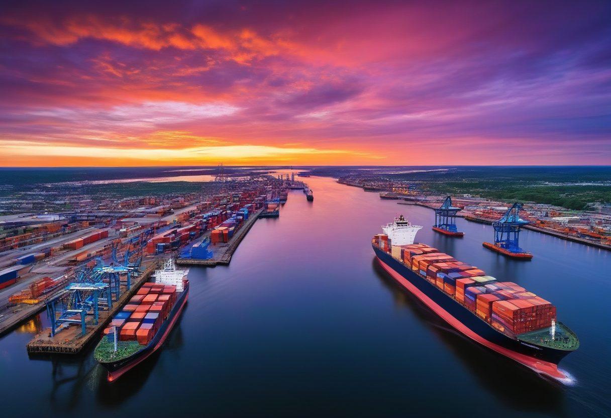 A sweeping aerial view of Duluth's bustling port, with cargo ships and tugs maneuvering in the harbor. Dramatic skies overhead reflect the vibrant colors of a sunset, casting light on large shipping containers and cranes at work. In the foreground, a digital overlay of graphs and trends signifies maritime logistics and technology advancements, including arrows indicating growth. Create an engaging and inspiring atmosphere that embodies innovation in logistics. super-realistic. vibrant colors. 3D.